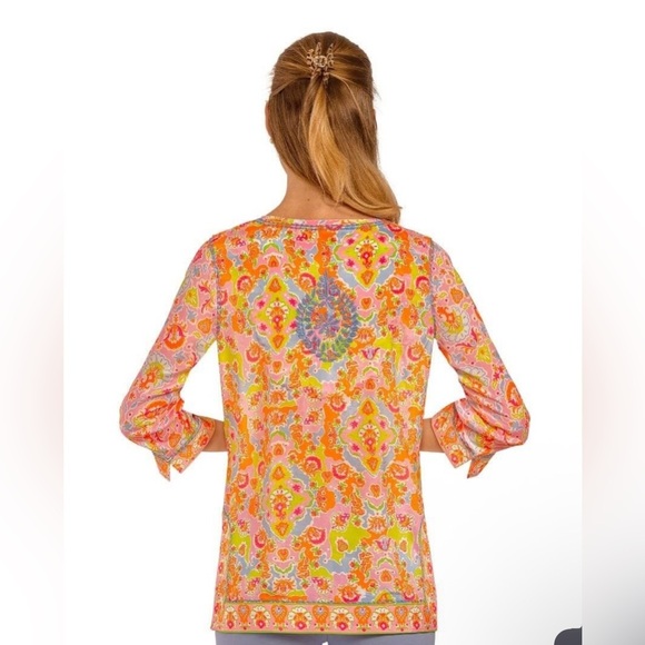 Gretchen Scott Silk Hand Embroidered Tunic Watteau Women’s L  Boho Colorful Top - Picture 2 of 10